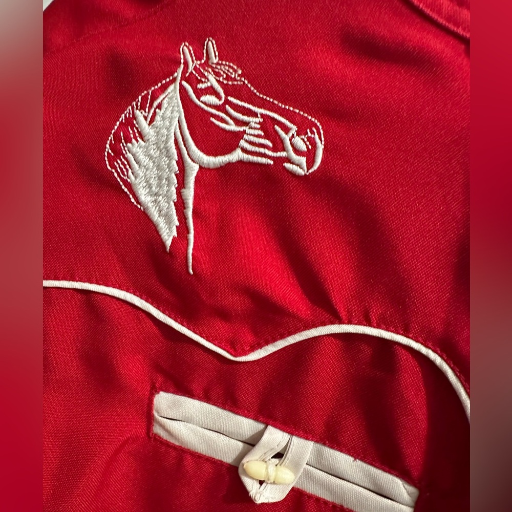 Vintage Bronco Red Western Shirt Embroidered Horse M Rockabilly Rodeo 1970s - Picture 13 of 13